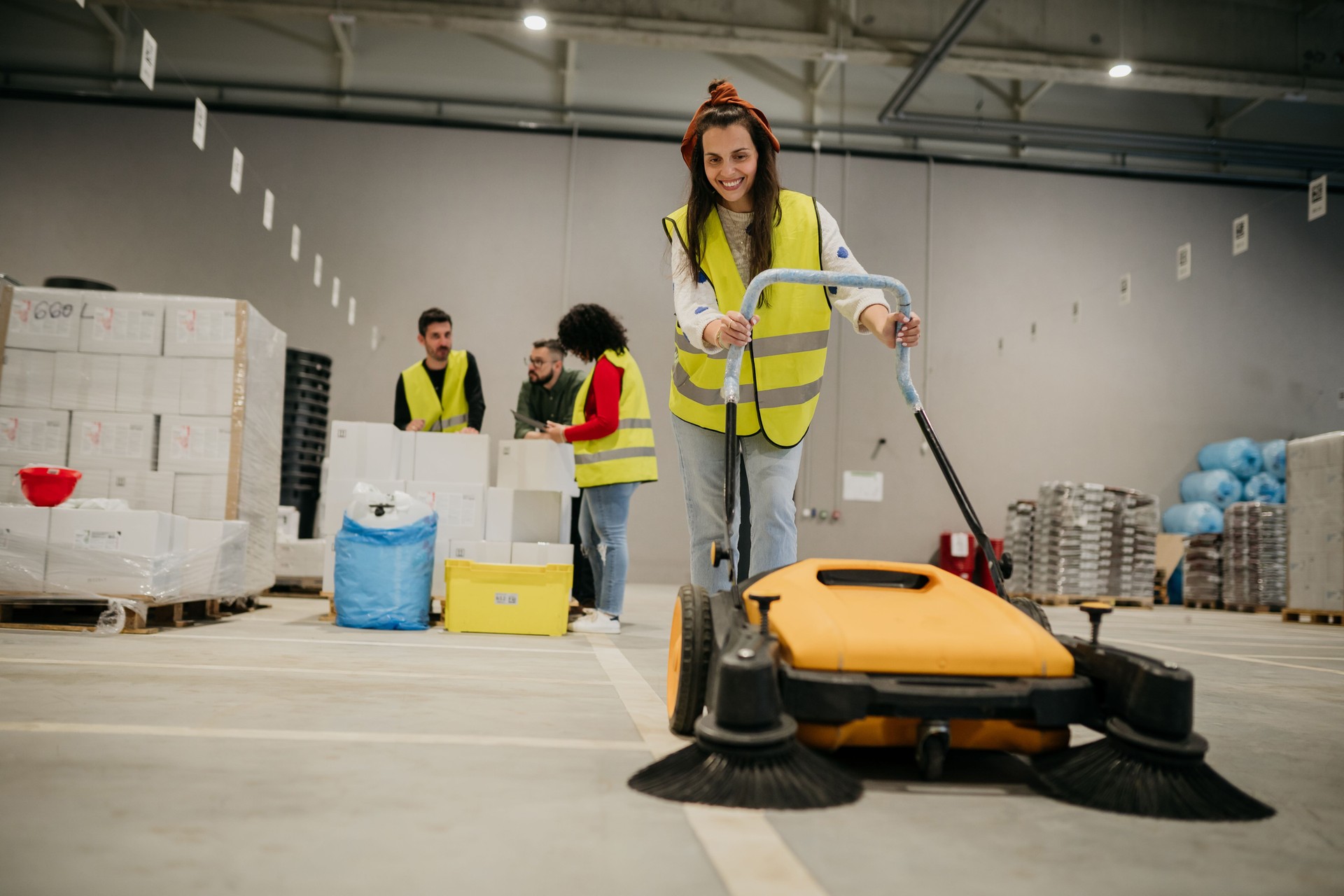 Woman cleaning a warehouse