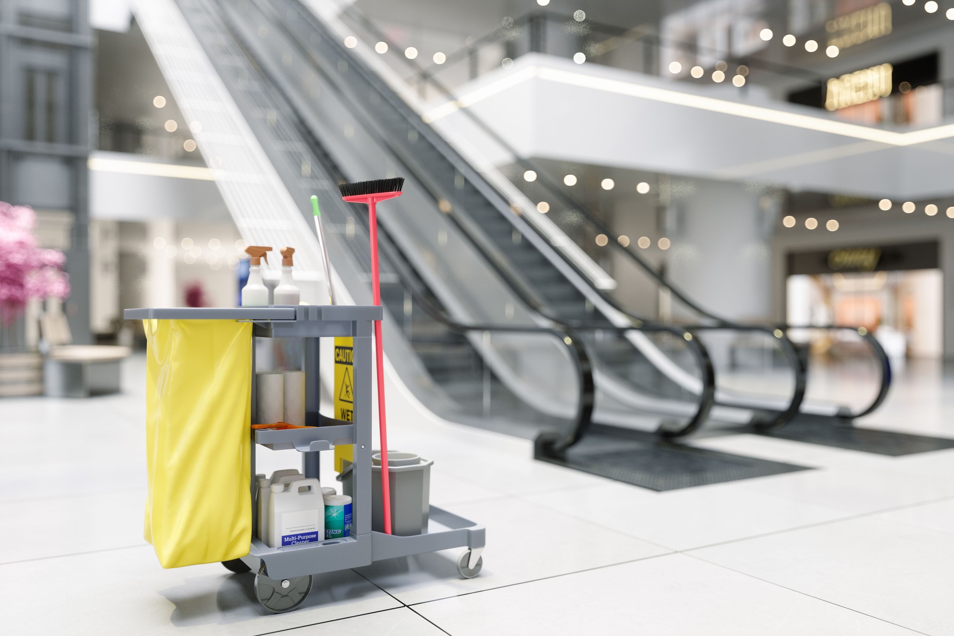 Close-up Of Cleaning Cart With Detergents, Cleaning Mop And Bucket In Shopping Mall With Blurred Background